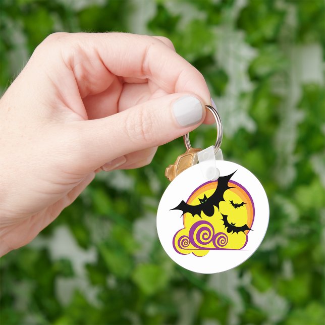 Flying Bats Halloween Night Full Moon Swirls Keychain (Creator Uploaded)