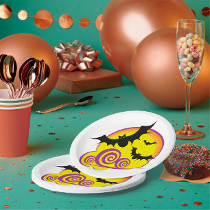 Flying Bats Halloween Night Full Moon Swirls Paper Plates