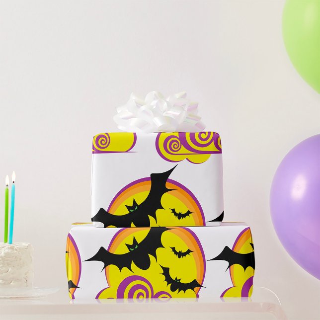 Flying Bats Halloween Night Full Moon Swirls Wrapping Paper (Creator Uploaded)