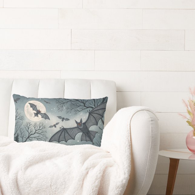 flying bats in spooky night sky with moon lumbar pillow (Creator Uploaded)