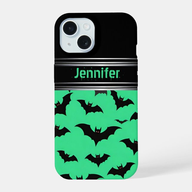 Flying Bats on Green: Spooky Halloween Vibes iPhone 15 Case (Back)