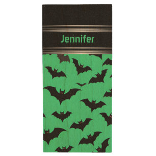 Flying Bats on Green: Spooky Halloween Vibes Wood Flash Drive
