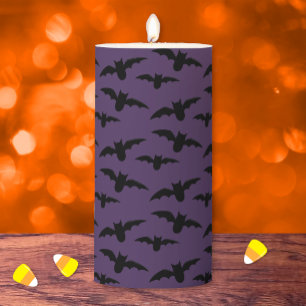 Flying Bats Pattern Purple Halloween Pillar Candle