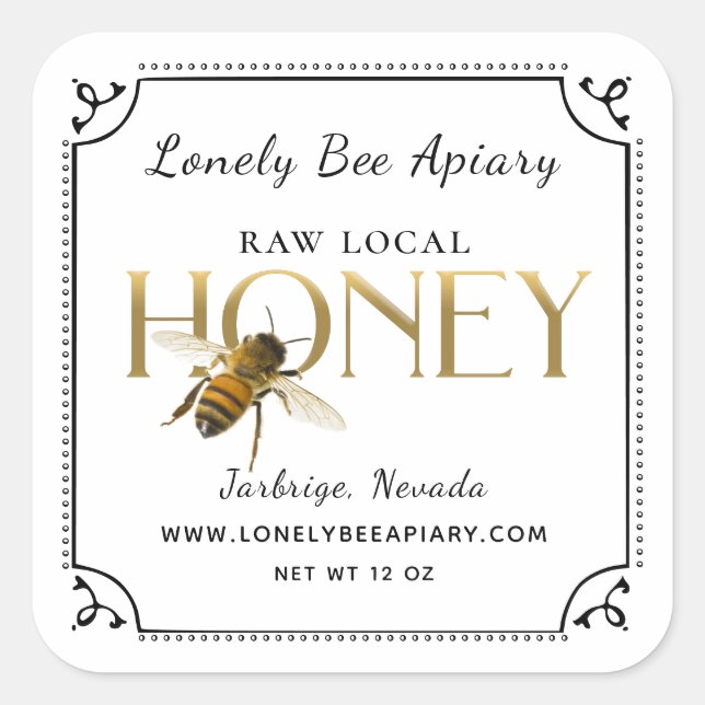 Flying Bee Metallic Gold Honey Label fancy border (Front)