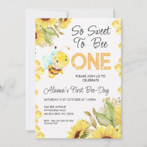 Flying Bee Sunflowers 1st Birthday Invitation
