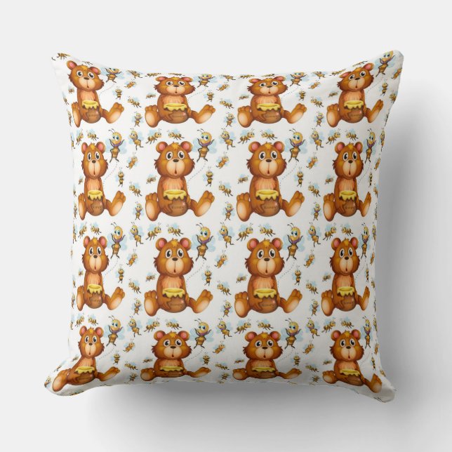 Flying Bees With A Honey Bear Throw Pillow (Front)