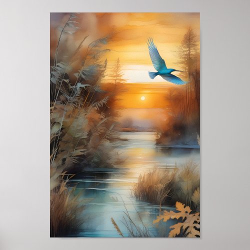 Flying bird and sunset  poster