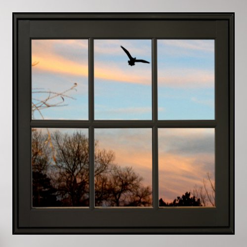 Flying Bird Faux Window Illusion 24x24 Black Poster