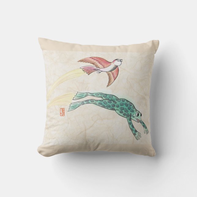 Flying Bird & Frog 16"x16" Throw Pillow (Front)