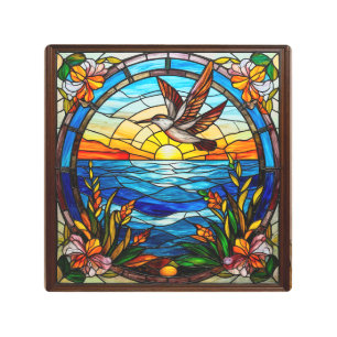 Flying Bird Over Ocean at Sunrise Metal Print