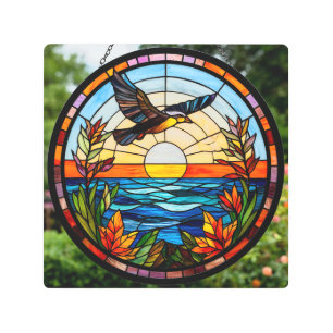 Flying Bird Over Ocean at Sunrise Metal Print