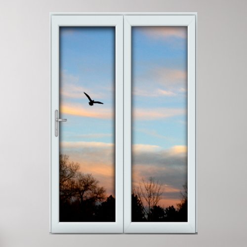 Flying Bird Silhouette Window with a View Illusion Poster