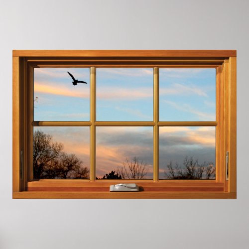 Flying Bird Silhouette Wooden Window Illusion Poster