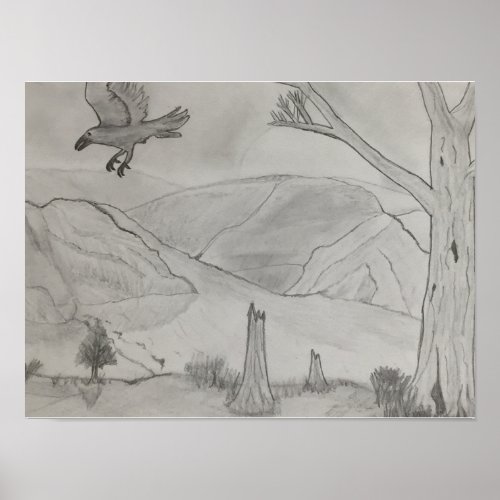 Flying Bird Through a Sketched Landscape Poster