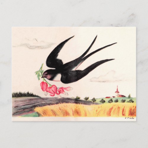 Flying Bird With Flowers Postcard