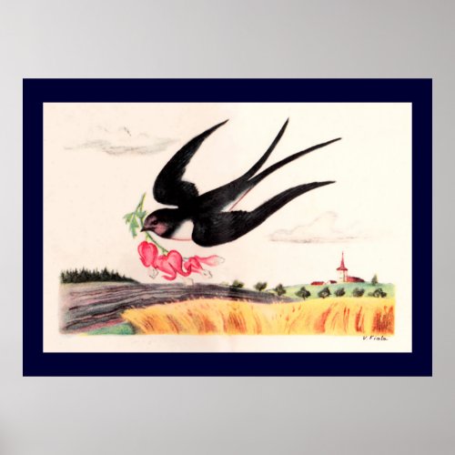 Flying Bird With Flowers Poster