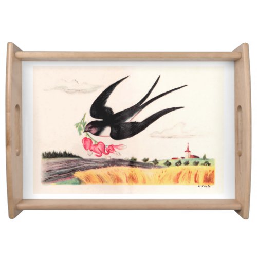 Flying Bird With Flowers Serving Tray