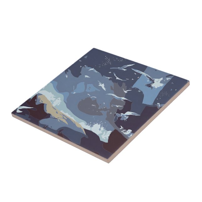 Flying Birds & Coastal Waves Ceramic Tile (Side)