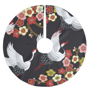 Flying Birds: Crane Heron Japanese. Brushed Polyester Tree Skirt