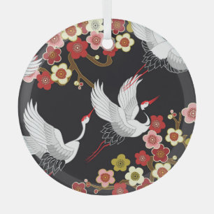 Flying Birds: Crane Heron Japanese. Glass Ornament