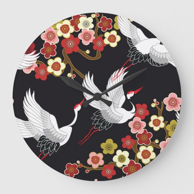 Flying Birds: Crane Heron Japanese. Large Clock (Front)