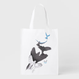 Flying birds Hand shadow Illusion Surreal art Cool Grocery Bag