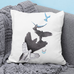 Flying birds Hand shadow Illusion Surreal art Cool Throw Pillow