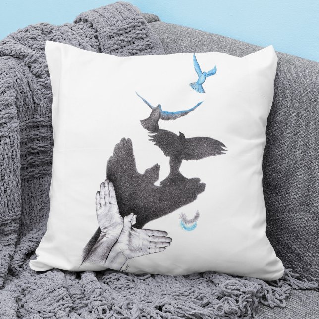 Flying birds Hand shadow Illusion Surreal art Cool Throw Pillow (Creator Uploaded)
