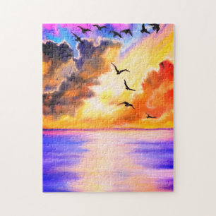 Flying Birds on Sea Sunset Puzzle - Watercolor Art