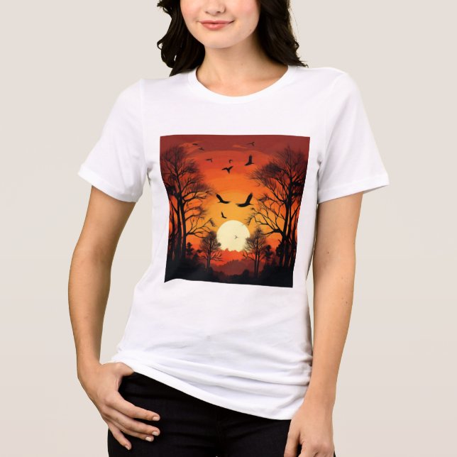Flying Birds Over Golden Sunset, Serene Nature Art Tri-Blend Shirt (Front)