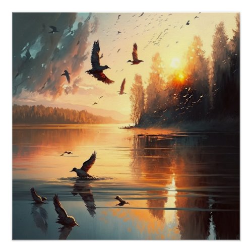 Flying Birds sunset lake Glossy Poster