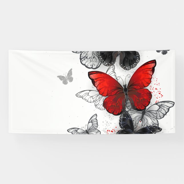 Flying Black and Red Morpho Butterflies Banner (Horizontal)