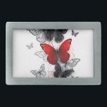 Flying Black and Red Morpho Butterflies Belt Buckle<br><div class="desc">Flock of flying, realistic, red and black morpho butterflies on white background with drops of paint.</div>