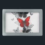 Flying Black and Red Morpho Butterflies Belt Buckle<br><div class="desc">Flock of flying,  realistic,  red and black morpho butterflies on white background with drops of paint.</div>