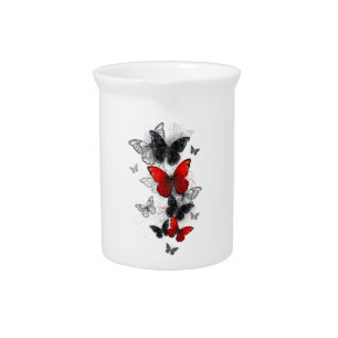 Flying Black and Red Morpho Butterflies Beverage Pitcher