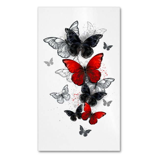 Flying Black and Red Morpho Butterflies Business Card Magnet (Front Vertical)