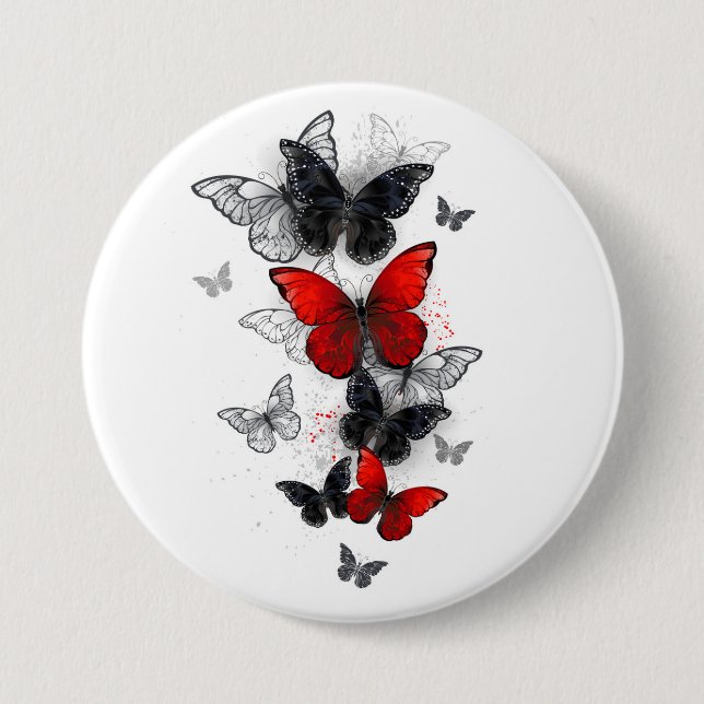 Flying Black and Red Morpho Butterflies Button (Front)