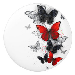 Flying Black and Red Morpho Butterflies Ceramic Knob