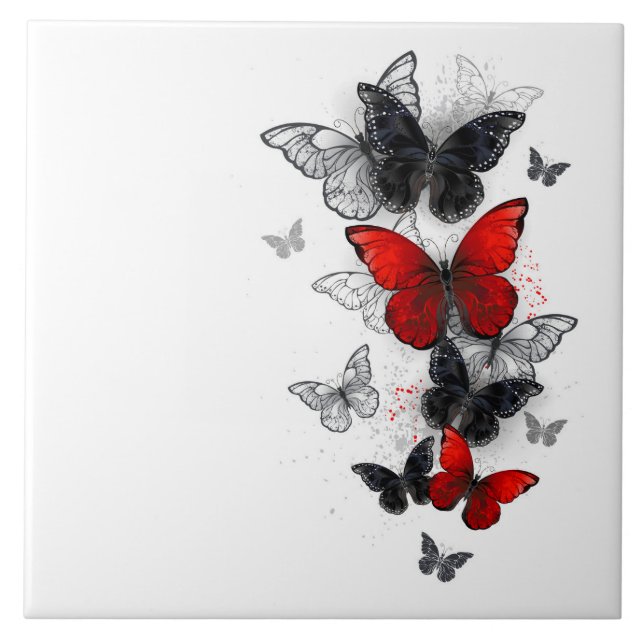 Flying Black and Red Morpho Butterflies Ceramic Tile (Front)