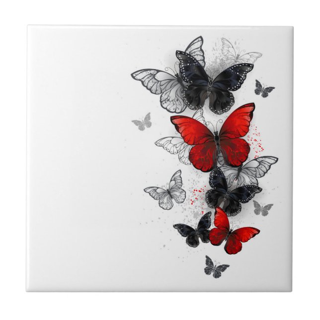 Flying Black and Red Morpho Butterflies Ceramic Tile (Front)