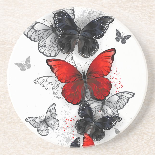Flying Black and Red Morpho Butterflies Coaster (Front)
