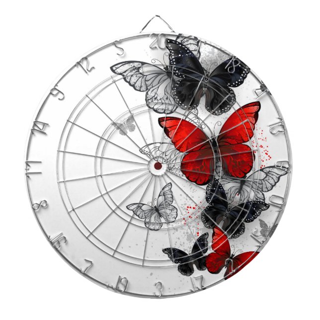 Flying Black and Red Morpho Butterflies Dart Board (Front)