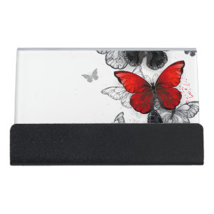 Flying Black and Red Morpho Butterflies Desk Business Card Holder