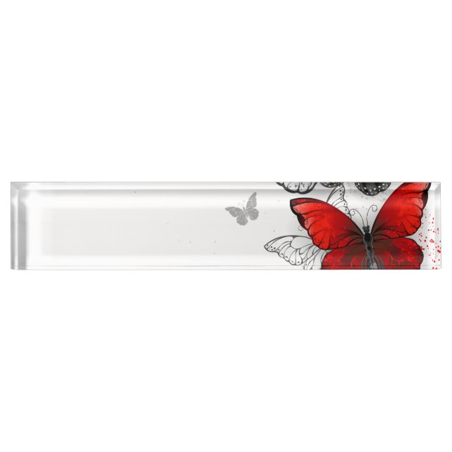 Flying Black and Red Morpho Butterflies Desk Name Plate (Front)