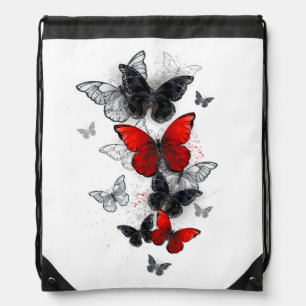 Flying Black and Red Morpho Butterflies Drawstring Bag