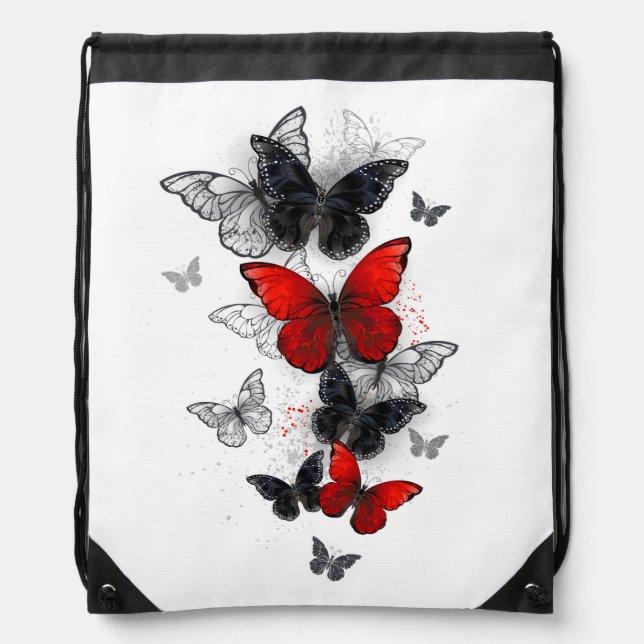 Flying Black and Red Morpho Butterflies Drawstring Bag (Front)