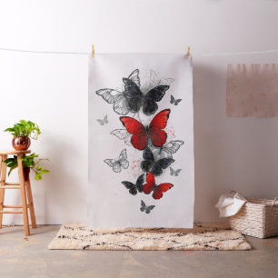 Flying Black and Red Morpho Butterflies Fabric