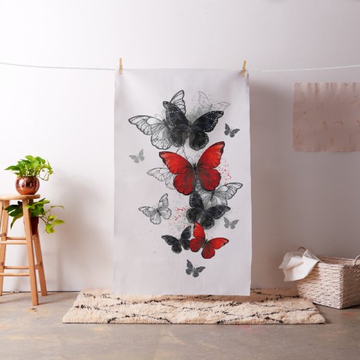 Flying Black and Red Morpho Butterflies Fabric