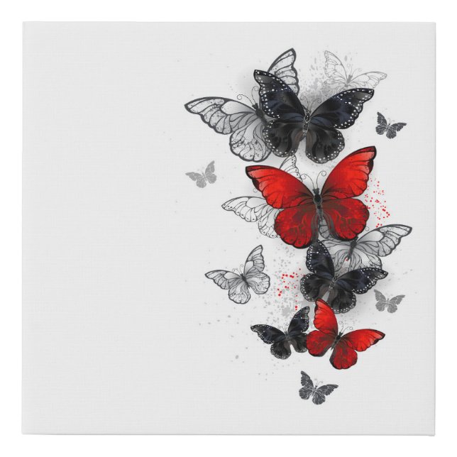 Flying Black and Red Morpho Butterflies Faux Canvas Print (Front)