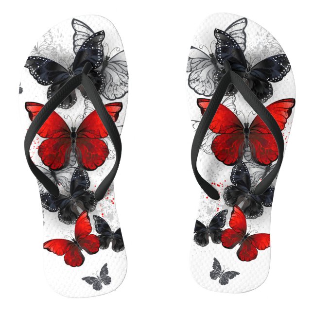 Flying Black and Red Morpho Butterflies Flip Flops (Footbed)